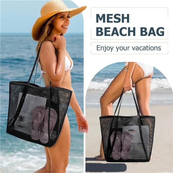 Large Mesh Beach Tote Bag – Waterproof & Foldable with Zippered Pocket - Picture 4 of 8